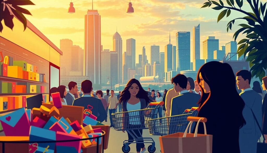 A lush, vibrant scene of a bustling e-commerce marketplace. In the foreground, a dynamic display of colorful product icons and shopping carts, symbolizing the key benefits of social commerce. The middle ground features stylized avatars of engaged consumers, their faces alight with excitement as they interact with the virtual storefront. In the background, a richly detailed cityscape with towering skyscrapers and a skyline bathed in warm, golden light, conveying the prosperity and growth potential of this emerging retail landscape. Subtle lighting casts soft, directional shadows, adding depth and dimensionality to the composition. The overall mood is one of energy, optimism, and the fusion of social engagement with seamless commercial transactions.