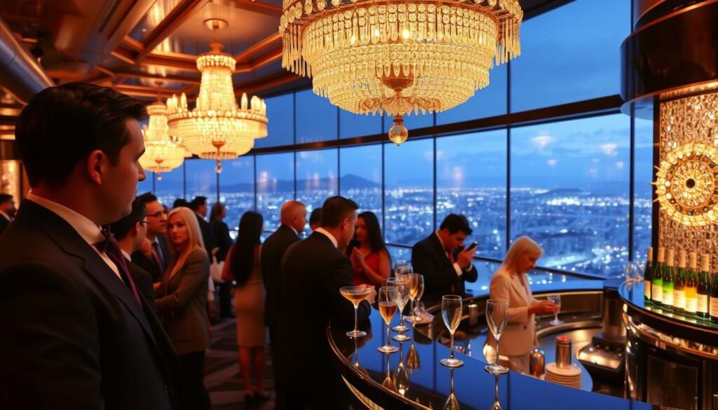 A luxurious and exclusive VIP experience in a prestigious high-end venue. Elegant crystal chandeliers cast a warm glow over a sophisticated gathering of distinguished guests. In the foreground, a sharply dressed concierge discreetly attends to the needs of attendees, anticipating their every desire. The middle ground reveals a lavish champagne bar with an expert mixologist effortlessly crafting bespoke cocktails. In the background, a breathtaking panoramic view of a glittering cityscape, hinting at the exclusivity and prestige of this rarefied occasion. The atmosphere exudes an air of refinement, indulgence and impeccable attention to detail, reflecting the pinnacle of high-end luxury experiences.