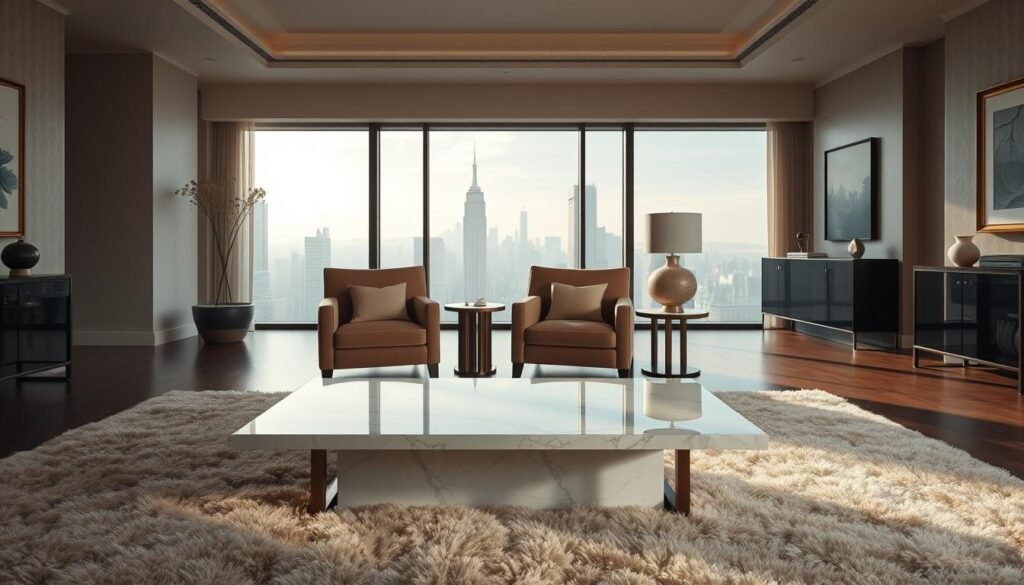 A luxurious and sophisticated interior scene showcasing the essence of the high-end luxury sector. In the foreground, a sleek and minimalist coffee table made of polished marble and brushed metal sits atop a plush, sumptuous rug. Behind it, a pair of elegant armchairs upholstered in rich, velvety fabric invite the viewer to sink into their comfort. The middle ground features a large window overlooking a bustling city skyline, allowing natural light to flood the space and create a warm, ambient glow. In the background, high ceilings and walls adorned with subtle, tasteful artwork and decor convey a sense of refined elegance and exclusivity. The overall mood is one of understated luxury, balance, and harmonious interplay between data-driven design and intuitive, emotive appeal.
