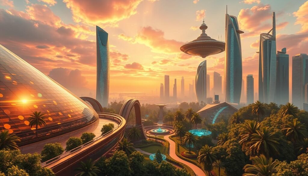 A luxurious, futuristic metaverse landscape with a stunning architectural centerpiece. In the foreground, a sleek, angular glass and metal structure reflects the vibrant, neon-tinged sky. The middle ground features lush, verdant gardens and holographic data streams. In the background, towering skyscrapers and floating islands create a sense of vast, technological grandeur. Warm, golden lighting bathes the entire scene, conveying a mood of opulence and innovation. The composition emphasizes the harmonious blend of nature and technology, hinting at the potential of the metaverse to reshape the luxury industry.