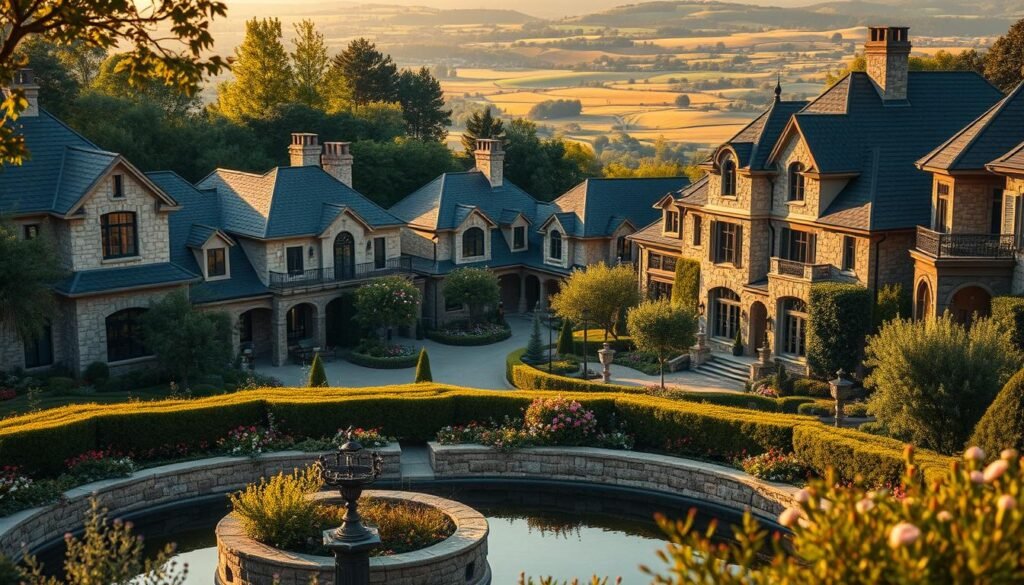 A luxurious gated community of high-end French-inspired villas nestled among lush greenery. Elegant stone facades, slate roofs, and ornate wrought-iron details create an air of sophisticated exclusivity. The scene is bathed in warm, soft lighting that casts a golden glow, accentuating the natural textures and intricate architectural elements. In the foreground, a serene water feature surrounded by manicured hedges and flowering plants adds a tranquil ambiance. The middle ground showcases the harmonious arrangement of the stately residences, while the background reveals a glimpse of a distant, picturesque countryside landscape. This idyllic community exudes a sense of refined living, seamlessly blending modern luxury with timeless European charm.