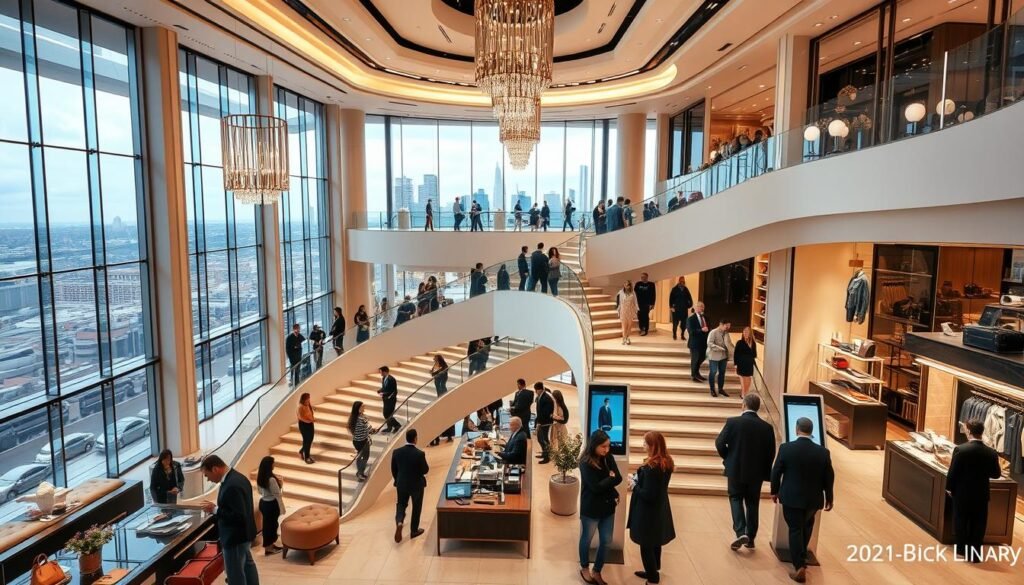 A luxurious, high-end department store interior with an elegant, modern design. The focal point is a grand, sweeping staircase leading to multiple floors, with glass walls offering panoramic views of the city skyline in the background. Tasteful lighting fixtures and plush, stylish furnishings create an atmosphere of sophistication. Customers move seamlessly between physical and digital experiences, interacting with sales associates and digital kiosks to explore a curated selection of premium products. The scene conveys a cohesive, omnichannel customer journey in the luxury retail sector.