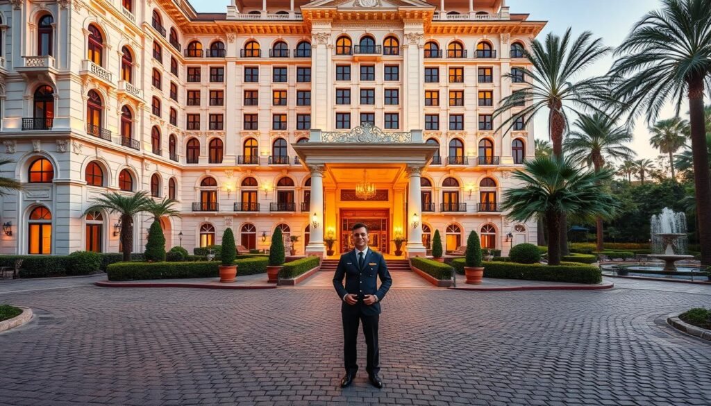 A luxurious hotel exterior, bathed in warm evening light. A grand, palatial facade with intricate architectural details and gleaming white stone. Elegant arched windows, ornate columns, and a sprawling central entryway. In the foreground, a cobblestone driveway lined with manicured hedges and potted topiaries. A valet stands ready to greet guests, their uniform crisp and tailored. The background reveals a lush, landscaped garden with towering palm trees and cascading water features. An atmosphere of refined sophistication and exclusivity pervades the scene, enticing the viewer to experience the grandeur of this elite hotel destination.
