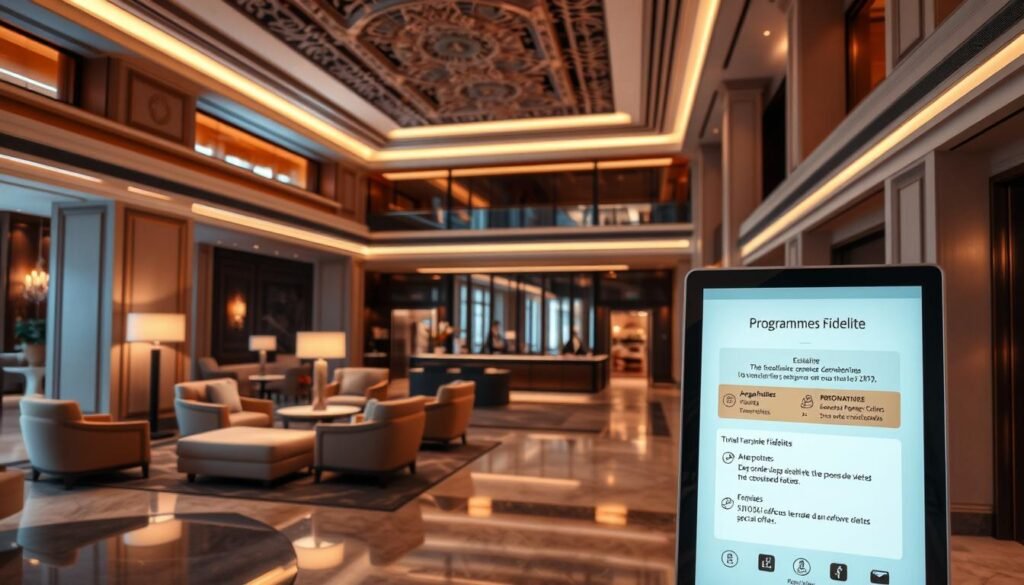 A luxurious hotel lobby with a sleek and modern design, featuring a prominent "Programmes Fidélité" display. The foreground showcases a digital kiosk or display, presenting an elegant and intuitive interface for guests to explore the hotel's exclusive loyalty programs and special offers. The middle ground features plush seating arrangements and a concierge desk, creating an atmosphere of refined hospitality. The background is filled with warm, indirect lighting, polished marble floors, and high ceilings adorned with intricate architectural details, conveying a sense of exclusivity and sophistication. The overall scene exudes a mood of understated elegance and VIP treatment, enticing guests to immerse themselves in the hotel's bespoke experience.