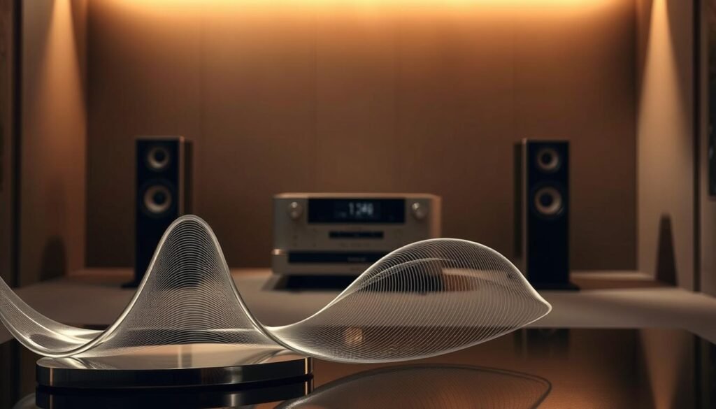 A luxurious, modernist soundwave sculpture in the foreground, constructed from brushed metal and glass, emanating a subtle, ethereal sonic presence. In the middle ground, a minimal, high-end audio system with clean lines and premium materials, hinting at the sonic power within. The background features a serene, dimly lit studio space, with warm, muted lighting casting dramatic shadows, evoking a sense of exclusivity and refinement. The overall composition exudes a sense of understated luxury, where form and function seamlessly merge, capturing the essence of "identité sonore" for a prestigious audio brand.