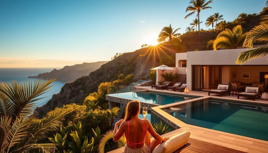 A luxurious outdoor oasis, bathed in warm golden light. In the foreground, a couple sipping champagne on a private deck overlooking an infinity pool, surrounded by lush tropical foliage. In the middle ground, a private villa with an elegant modern design, seamlessly blending with the natural landscape. In the background, a breathtaking vista of rugged cliffs and azure waters, hinting at the secluded and exclusive nature of this unique travel experience. The scene conveys a sense of tranquility, indulgence, and a privileged connection with the natural world, capturing the essence of modern luxury tourism.