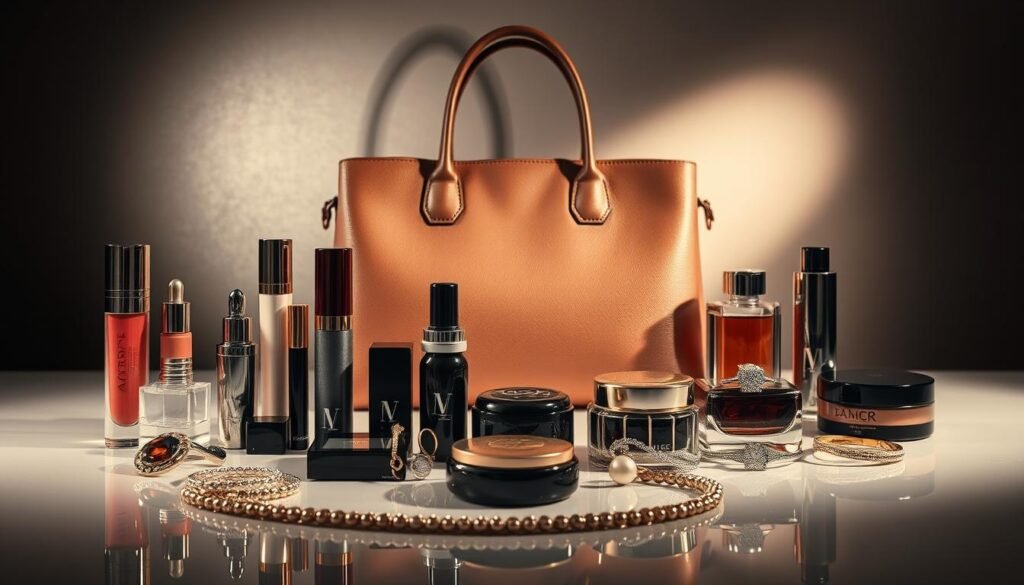 A luxurious still life composition showcasing the finest premium products. In the foreground, a selection of high-end cosmetics, jewelry, and accessories arranged with elegant precision on a sleek, reflective surface. The middle ground features a striking designer handbag or leather goods item, the light gently caressing its flawless, pristine materials. In the background, a subtle, muted backdrop with hints of metallic or marble textures, creating a sense of sophistication and exclusivity. Dramatic, directional lighting casts dramatic shadows, emphasizing the craftsmanship and quality of the luxury items. The overall scene conveys a sense of timeless refinement, reflecting the enduring appeal of luxury brands validated by data-driven marketing strategies.