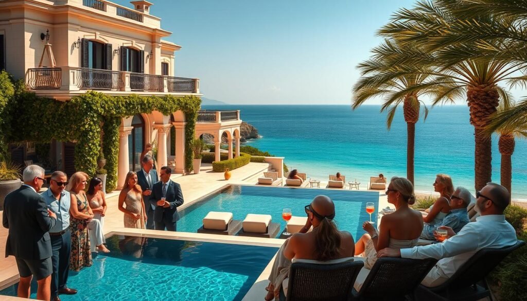 A luxurious villa overlooking a pristine beach, its elegant facade bathed in warm Mediterranean light. In the foreground, a group of stylishly dressed influencers gathers, engaged in animated conversation, their expressions and body language conveying a sense of exclusivity and privilege. The middle ground features a private pool, where a few guests recline on plush lounge chairs, sipping exotic cocktails. In the distance, the endless azure sea stretches out, framed by swaying palm trees. The atmosphere is one of refined opulence, a world away from the clichés of mass tourism, where the elite convene to curate their personal brands and experiences.