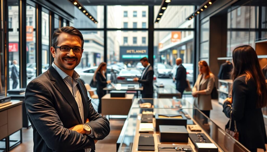 A luxury retail setting with high-end sales associates assisting discerning customers. In the foreground, a well-dressed sales representative offers personalized attention, their expression warm and attentive. Behind them, the middle ground showcases a modern, minimalist showroom with sleek furnishings and carefully curated product displays. The background features floor-to-ceiling windows overlooking a bustling urban streetscape, bathing the scene in natural light. The overall atmosphere exudes exclusivity, sophistication, and a data-driven, VIP experience tailored to the needs of the most discerning clientele. A luxury retail setting with high-end sales associates assisting discerning customers. In the foreground, a well-dressed sales representative offers personalized attention, their expression warm and attentive. Behind them, the middle ground showcases a modern, minimalist showroom with sleek furnishings and carefully curated product displays. The background features floor-to-ceiling windows overlooking a bustling urban streetscape, bathing the scene in natural light. The overall atmosphere exudes exclusivity, sophistication, and a data-driven, VIP experience tailored to the needs of the most discerning clientele.
