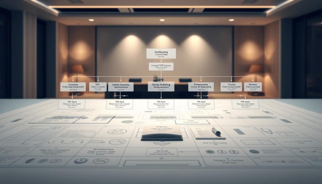 A meticulously detailed blueprint of a corporate legal structure, rendered in a clean, minimalist style. In the foreground, a sleek organizational chart outlines the key legal entities, their relationships, and responsibilities. The middle ground features precise 3D models of the various legal documents, seals, and stamps required for the business. The background showcases an elegant, contemporary office setting with subtle lighting and a sense of professionalism. The overall composition conveys a strong sense of order, authority, and legal compliance, perfectly suited to illustrate the section on establishing the right legal framework for a new brand.