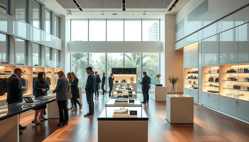 A modern, high-end retail store interior with a sleek, minimalist design. The space features large windows that flood the room with natural light, creating a bright and airy atmosphere. In the foreground, a group of well-dressed customers interact with attentive sales associates, discussing and exploring premium products displayed on elegant, low-profile shelves and tables. The middle ground showcases a seamless blend of physical and digital touchpoints, such as interactive displays and immersive product demonstrations, providing a cohesive omnichannel experience. In the background, subtle yet sophisticated lighting and carefully curated decor elements enhance the overall premium ambiance, conveying a sense of exclusivity and attention to detail.
