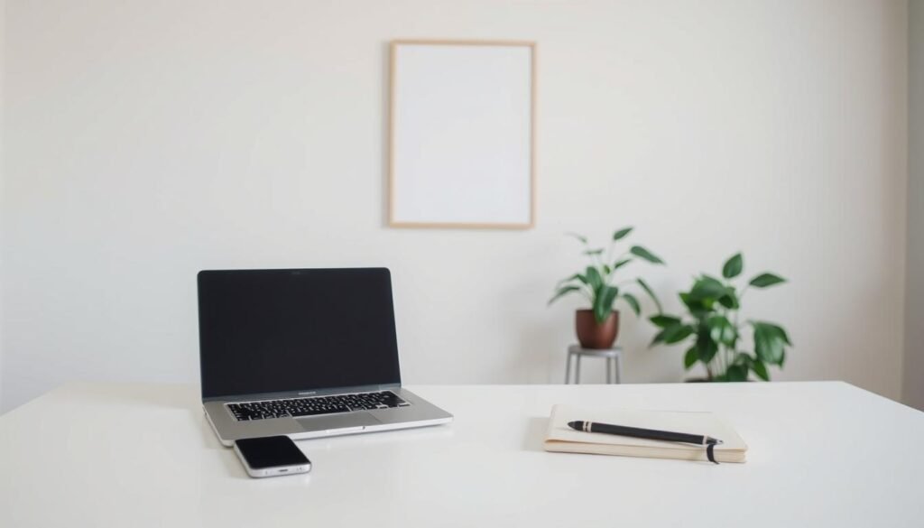 A modern, minimalist workspace with a clean, professional aesthetic. In the foreground, a laptop, smartphone, and notebook sit atop a minimalist white desk, conveying a sense of efficiency and organization. The middle ground features a potted plant and a framed print on the wall, adding a touch of natural greenery and artistic flair. The background is a simple, neutral-toned wall, allowing the focus to remain on the essential elements of effective marketing strategy. Soft, diffused lighting illuminates the scene, creating a calm and thoughtful atmosphere. The overall composition suggests a well-curated, budget-conscious approach to marketing, where smart resource allocation and strategic planning are the keys to success.
