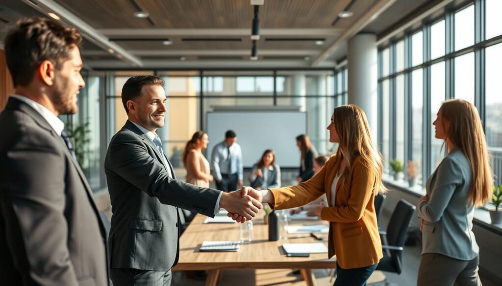 A modern, sleek office setting with a collaborative atmosphere. In the foreground, two business professionals shake hands, their faces engaged in a meaningful discussion. The middle ground features a diverse team of employees gathered around a large conference table, brainstorming ideas and sharing insights. In the background, floor-to-ceiling windows provide an abundance of natural light, creating a warm and inviting ambiance. The overall scene conveys a sense of synergy, mutual understanding, and a shared commitment to exploring new opportunities. Captured with a cinematic wide-angle lens, the image radiates a sense of professionalism and strategic partnership.
