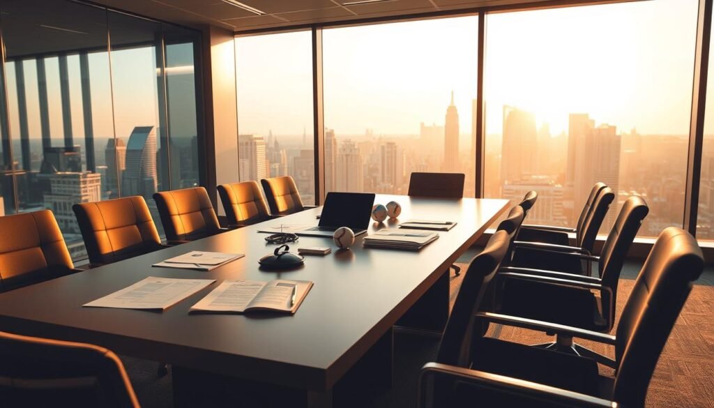 A modern, well-lit office setting featuring a large conference table surrounded by comfortable chairs. On the table, various documents, a laptop, and a few corporate-branded promotional items are neatly arranged. In the background, a large window offers a view of a bustling city skyline, bathed in warm, golden afternoon light. The atmosphere conveys a sense of professionalism, collaboration, and the pursuit of mutually beneficial partnerships. The overall scene suggests an effective, step-by-step process for finding meaningful, high-ROI sports sponsorship opportunities.