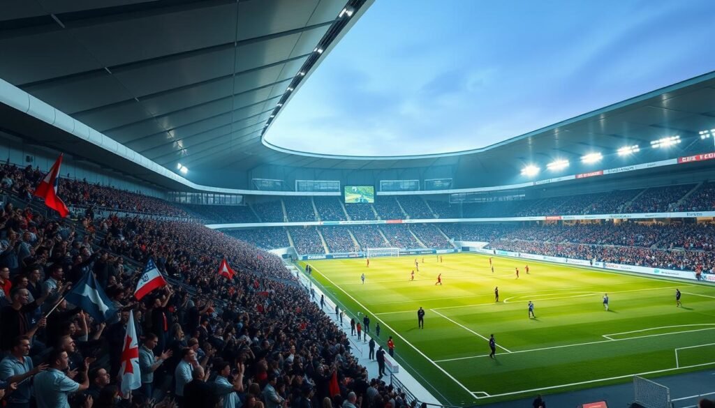 A modern, well-lit stadium interior with a focus on the spectator experience. The foreground features a crowd of passionate fans cheering and waving banners, capturing the energy and excitement of a live football match. The middle ground showcases the stadium's sleek, minimalist architecture, with clean lines, large windows, and state-of-the-art amenities. The background depicts a panoramic view of the playing field, with players in action and the floodlights casting a warm, dramatic glow over the scene. The overall atmosphere is one of immersion, with the viewer feeling like they are part of the vibrant, digitally-enhanced fan experience.