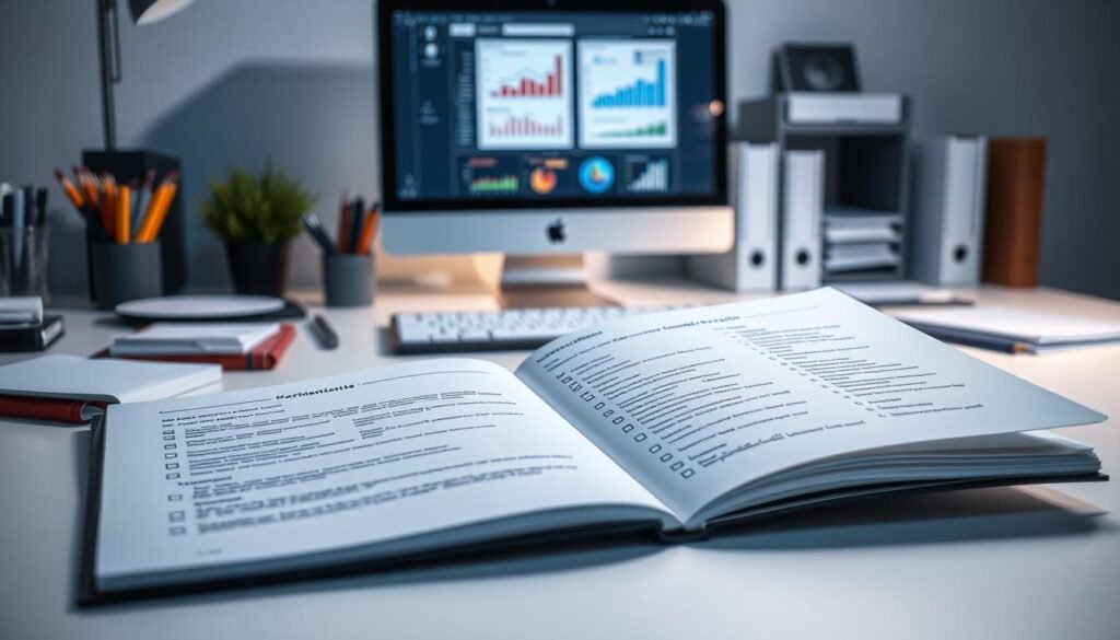 A neatly organized office workspace, with a sleek computer monitor displaying graphs and charts, surrounded by a tidy array of stationery and office supplies. Soft, directional lighting illuminates the scene, creating a professional and focused atmosphere. In the foreground, a notebook lies open, its pages displaying handwritten notes and checklists, symbolizing the process of "Préparer son étude : objectifs clairs et informations à collecter". The composition conveys a sense of strategic planning and careful preparation, reflecting the topic of "L'analyse concurrentielle qui change la donne : Méthode pour identifier les vraies opportunités."