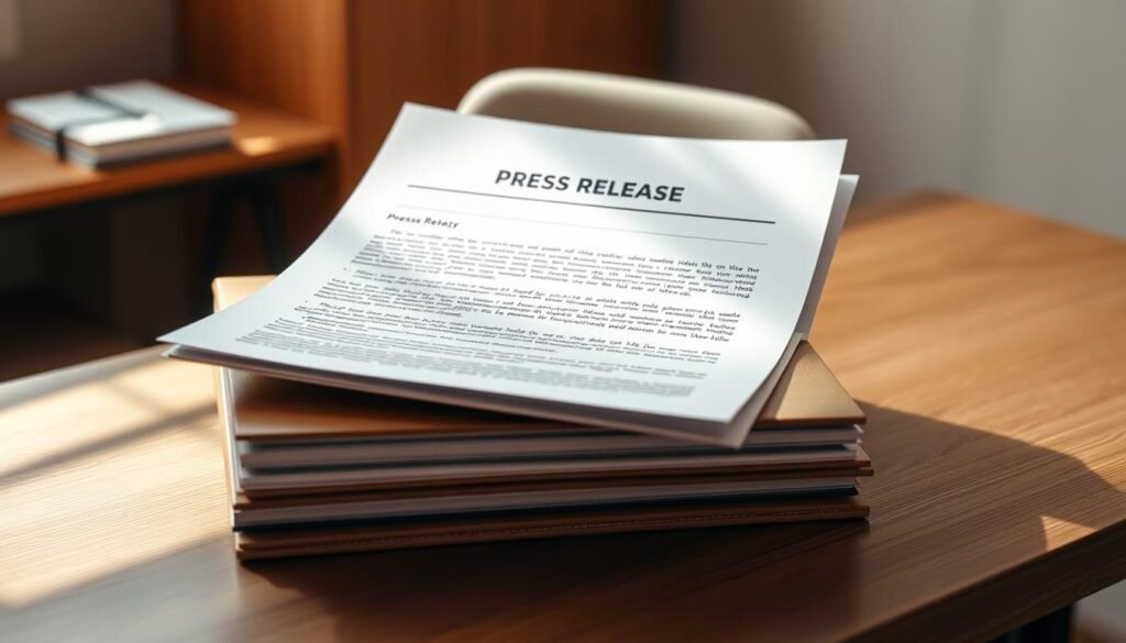 A neatly organized press release document, resting atop a wooden desk with a professional, yet inviting atmosphere. The document features crisp, clean typography and a balanced layout, conveying a sense of authority and attention to detail. Soft, directional lighting illuminates the scene, casting gentle shadows that add depth and dimension. The background is a minimalist, neutral-toned office setting, allowing the press release to be the focal point. The overall composition exudes a tone of professionalism, clarity, and the confidence of a well-crafted communication piece ready for publication.