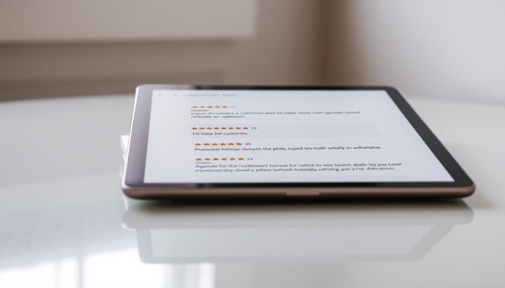 A neatly stacked pile of online customer reviews, displayed on a sleek digital tablet. The reviews are presented in a clean, minimalist interface, with a neutral color palette that exudes professionalism. The tablet is positioned on a polished, reflective surface, creating a sense of depth and sophistication. Soft, directional lighting illuminates the scene, casting gentle shadows and highlighting the tablet's crisp display. The overall atmosphere conveys a sense of careful curation and attention to detail, reflecting the hotel's commitment to managing its online reputation.