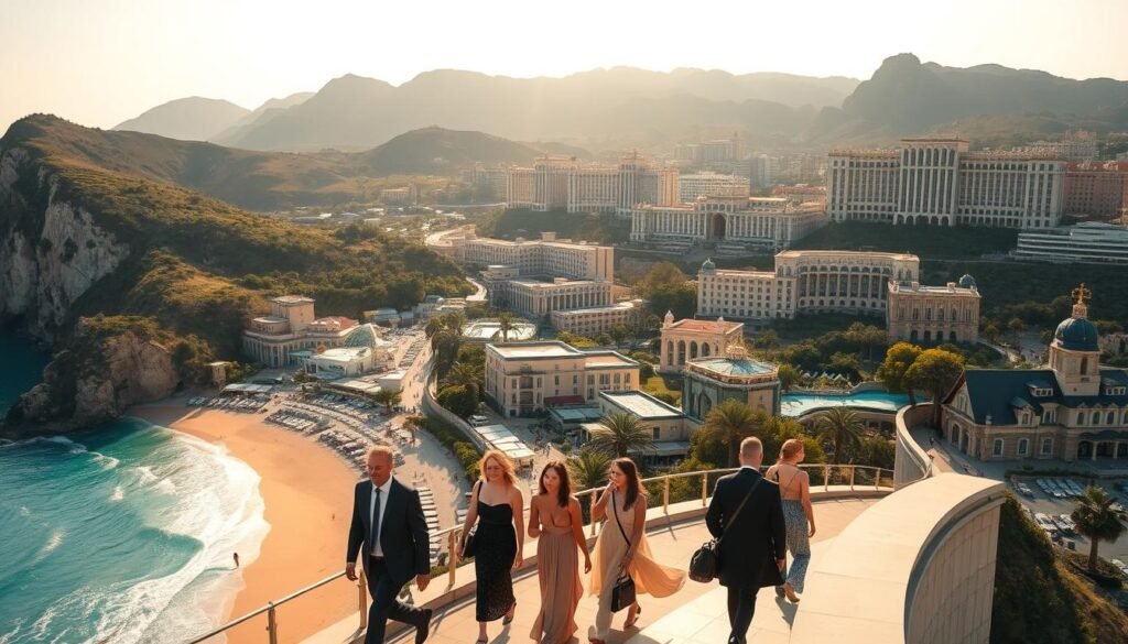A panoramic view of a luxurious holiday destination, where discerning travelers indulge in the finest experiences. A picturesque coastal town with pristine beaches, surrounded by towering cliffs and lush, verdant landscapes. In the foreground, a group of elegantly dressed individuals strolling along the promenade, admiring the breathtaking scenery. The midground features a collection of high-end boutiques, galleries, and restaurants, catering to the sophisticated tastes of the elite. The background is dotted with grand, architecturally stunning hotels and resorts, their opulent facades reflecting the sun's golden rays. The scene is bathed in a warm, inviting light, creating a sense of exclusivity and refined luxury. The overall atmosphere conveys a refined, aspirational lifestyle that transcends the clichés of typical tourism, hinting at the discerning decisions and mindful experiences of the high-end traveler.