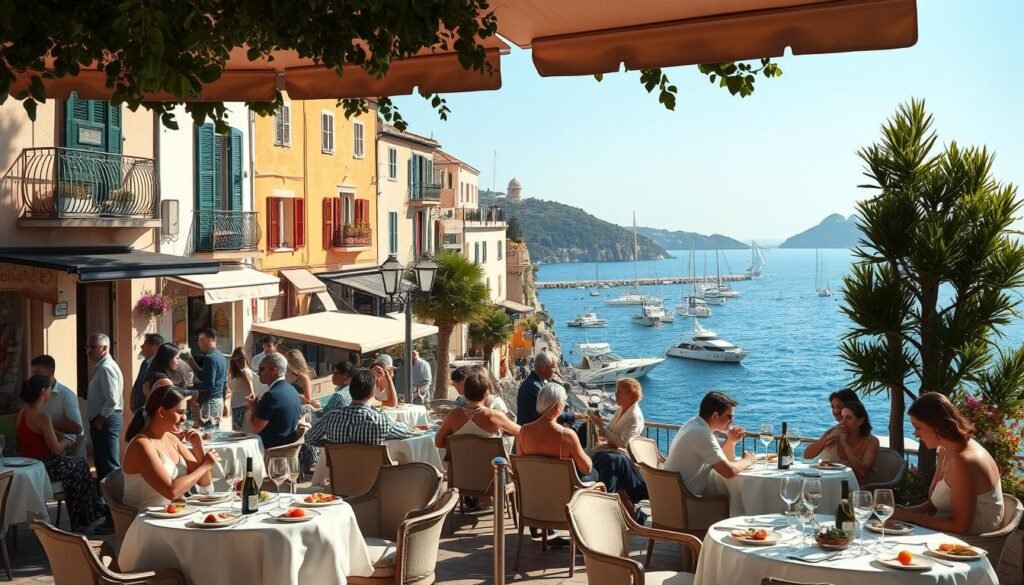 A picturesque seaside town nestled along the French Riviera, bathed in warm Mediterranean light. In the foreground, a lively outdoor dining scene with elegant tables, flowing fabrics, and artfully presented gourmet dishes. Locals and visitors mingle, sipping wine and engaged in lively conversation. The middle ground features charming historic architecture, with wrought-iron balconies and colorful shutters. In the background, a panoramic view of the glistening azure waters, dotted with yachts and sailboats. The overall atmosphere exudes a sense of sophisticated coastal living, blending gastronomy, culture, and breathtaking natural beauty - a quintessential branding destination experience.