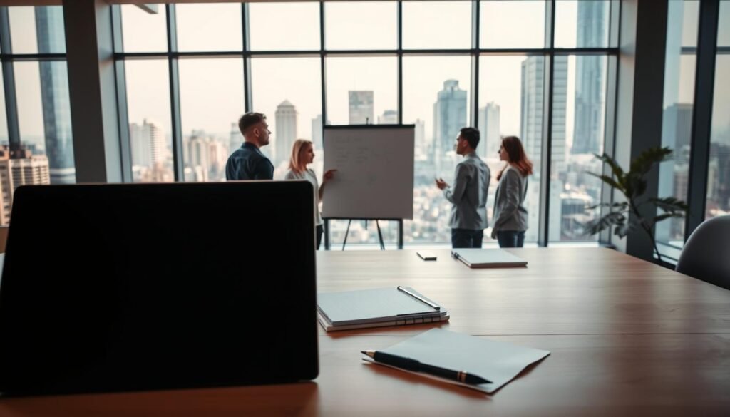 A press release angle in a modern office setting, with a desk in the foreground featuring a laptop, notepads, and a pen. In the middle ground, a team of professionals gathered around a whiteboard, engaged in a lively discussion. The background showcases a large window overlooking a bustling cityscape, bathed in warm, natural lighting. The overall atmosphere conveys a sense of productivity, collaboration, and innovative thinking - the key elements of a compelling press release angle. The image should have a clean, minimalist aesthetic, with a focus on the collaborative process and the energy of the workspace.