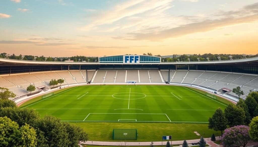A prestigious football stadium in the heart of Clairefontaine, France, with the iconic FFF (Fédération Française de Football) logo prominently displayed. The grand structure features a sleek, modern architectural design with clean lines and expansive glass panels that allow natural light to flood the interior. The playing field is immaculately maintained, with vibrant green grass and neatly painted lines. Surrounding the stadium are lush trees and landscaping, creating a serene and picturesque setting. In the distance, the sky is painted with soft, warm hues, conveying a sense of tranquility and prestige befitting the esteemed institution of French football.