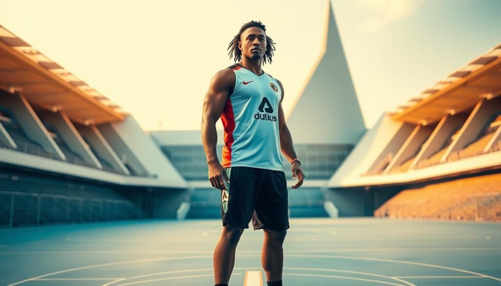 A professional athlete standing tall, striking a confident pose on a modern, minimalist sports court. The court is bathed in warm, golden light, creating a sense of energy and dynamism. In the background, a towering, angular sports arena with sleek, futuristic architecture serves as a stunning backdrop. The athlete's uniform is a bold, stylized design, showcasing the sponsor's logo prominently. The overall scene conveys a powerful synergy between the athlete, the brand, and the high-performance sports environment, capturing the essence of effective sports marketing collaborations.