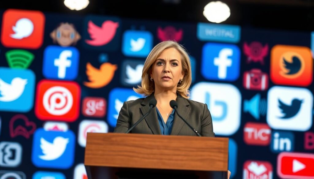 A professional spokesperson stands at a podium, addressing a virtual audience on various social media platforms. The lighting is dramatic, with a soft spotlight illuminating the speaker's face. The background is a blurred, abstract representation of various social media icons and logos, creating a sense of digital connectivity. The speaker's body language is confident and commanding, conveying authority and the ability to effectively communicate on social media during a crisis situation.