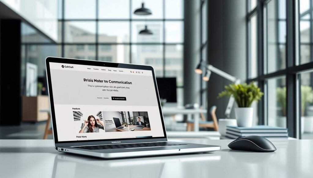 A professional website against a backdrop of a sleek, modern office setting. In the foreground, a laptop displays a clean, minimalist web design with a simple navigation menu and high-quality product imagery. The middle ground features a stylish desk setup with a mouse, keyboard, and tasteful desk accessories. The background showcases floor-to-ceiling windows, allowing natural light to flood the space and create a bright, airy atmosphere. The scene conveys a sense of sophistication, efficiency, and digital savvy, perfectly complementing the article's focus on crisis communication in the age of social media.