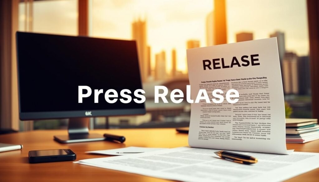 A professional, well-designed press release with a clear, compelling headline stands out in a crowded media landscape. In the foreground, a desk scene shows a computer, pen, and paper, suggesting the methodical process of crafting an effective press release. The middle ground features a magnifying glass, symbolizing the close attention to detail required. In the background, a city skyline with skyscrapers represents the broader business context. Warm, golden lighting creates an atmosphere of professionalism and expertise. The overall composition conveys the step-by-step approach to writing a press release that grabs attention and gets published.