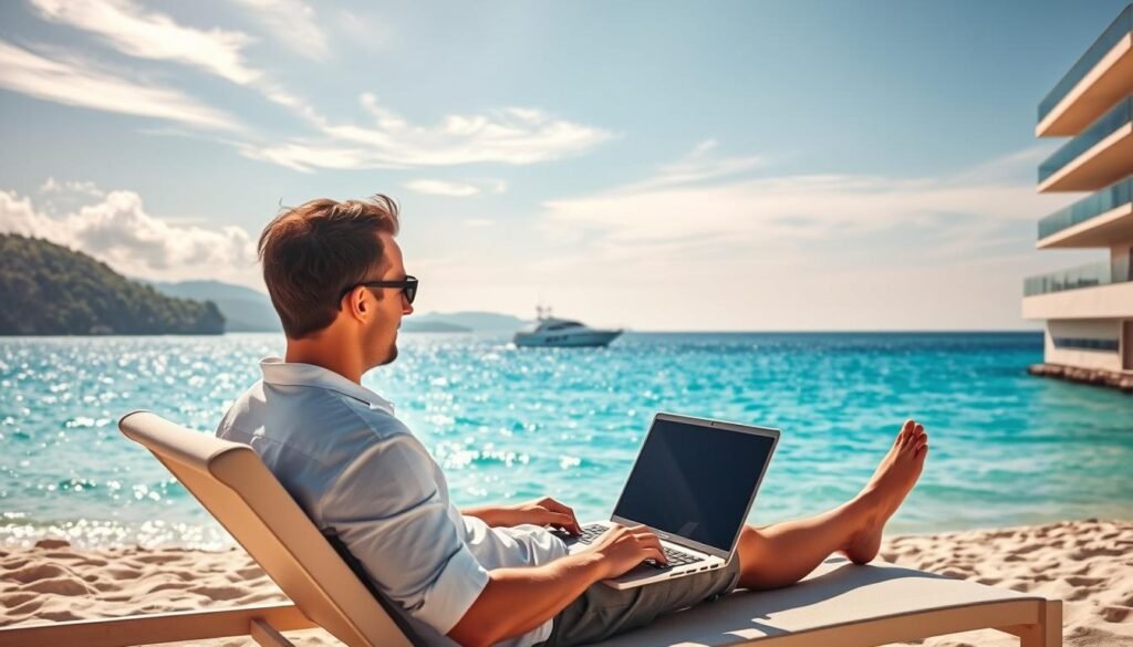 A scenic beach on the French Riviera, with a business traveler relaxing on a sun lounger, laptop open, taking in the stunning Mediterranean panorama. Warm, golden sunlight filters through wispy clouds, casting a soft glow over the scene. In the distance, a yacht slices through the glistening azure waters. The traveler appears focused, yet at ease, symbolizing the perfect blend of work and leisure in this "bleisure" setting. A chic, modern hotel with sleek, minimalist architecture frames the background, hinting at the high-end accommodations available for extended business stays.