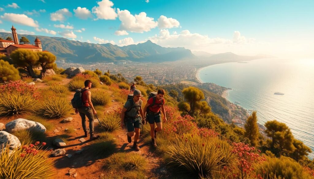 A scenic digital landscape depicting "My Adventure", a captivating exploration game set in the picturesque coastal region of Nice, France. In the foreground, a group of intrepid adventurers navigate a winding trail, their expressions filled with excitement as they discover hidden treasures and conquer challenging obstacles. The middle ground features a stunning panoramic view, with the shimmering Mediterranean Sea on one side and the majestic mountains rising in the distance on the other. Vibrant colors, dynamic lighting, and a sense of depth and scale create an immersive and visually striking experience, inviting the viewer to embark on their own adventurous journey through this beautifully gamified territory.