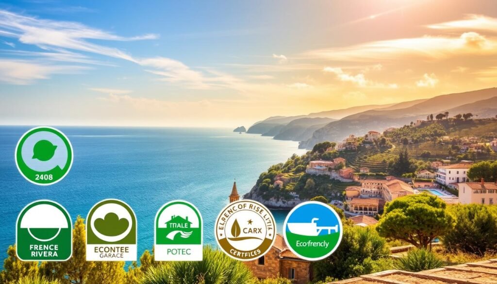 A serene coastal landscape along the French Riviera, overlooking the azure waters of the Mediterranean. In the foreground, a collection of eco-friendly accommodation labels and sustainability certifications are displayed prominently, inviting travelers to make informed, responsible choices. The middle ground features a variety of charming, picturesque seaside villas and hotels, their architectural styles reflecting the local Provençal aesthetic. In the background, rolling hills dotted with olive groves and vineyards stretch out, creating a tranquil, rustic ambiance. Warm, golden sunlight filters through wispy clouds, casting a soft, inviting glow over the entire scene. The overall composition conveys a sense of authenticity, environmental consciousness, and the enduring allure of the French Riviera as a sustainable tourism destination.