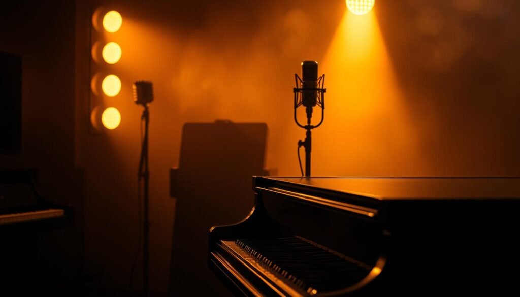 A serene, dimly lit recording studio, with warm, golden lighting casting soft shadows across the instruments. In the foreground, a grand piano, its keys glinting under the mellow illumination, inviting the musician to create. Behind it, a vintage microphone stands tall, a testament to the analog era of music production. The background is shrouded in a hazy atmosphere, evoking a sense of contemplation and introspection. The overall mood is one of thoughtful exploration, where the interplay of light and shadow inspires the creative process, where the algorithm and the soul converge to produce something truly transcendent.