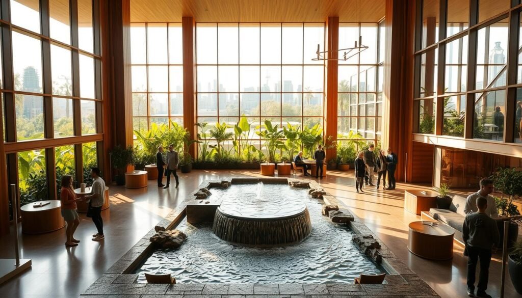 A serene, expansive hotel lobby with floor-to-ceiling windows overlooking a lush, sustainable garden. Warm, natural lighting filters through the space, highlighting the use of organic materials like wood, stone, and plant-based textiles. In the center, a striking water feature flows gently, its tranquil sound adding to the calming ambiance. Guests mingle comfortably, showcasing the hotel's commitment to eco-friendly luxury and social responsibility. The overall atmosphere conveys a sense of harmony between modern design and environmental stewardship, embodying the "new code of luxury" for the discerning traveler.