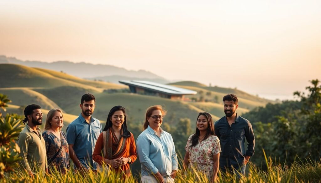 A serene landscape with rolling hills, lush greenery, and a warm, soft lighting that gently illuminates the scene. In the foreground, a group of people from diverse backgrounds stand together, their expressions radiating a sense of trust and ethical responsibility. They appear to be engaged in a thoughtful discussion, their body language conveying a collective commitment to sustainable and responsible tourism. In the middle ground, a sleek, modern building blends seamlessly with the natural surroundings, its architecture reflecting a harmonious integration of technology and the environment. The background features a distant horizon, hinting at the vast, unexplored possibilities of ethical and sustainable travel powered by responsible AI.