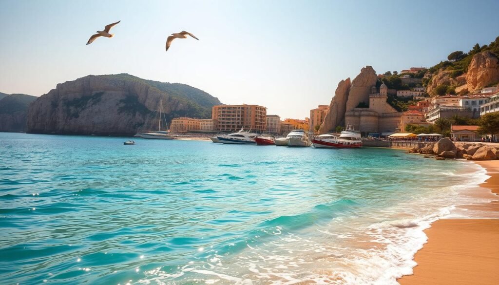 A serene seascape along the picturesque French Riviera coastline. In the foreground, crystal-clear turquoise waters gently lap against a pristine sandy beach, with a few graceful seagulls soaring overhead. The middle ground features a quaint Mediterranean-style harbor, with colorful fishing boats and yachts moored at the docks. In the background, rugged limestone cliffs rise up, their surfaces textured by millennia of wind and weathering. The warm, golden light of the afternoon sun casts a soft, natural glow across the scene, creating a sense of tranquility and timelessness. Captured through the lens of a high-quality DSLR camera, this image evokes the serene beauty and ecological balance of the French Riviera's coastal environment.