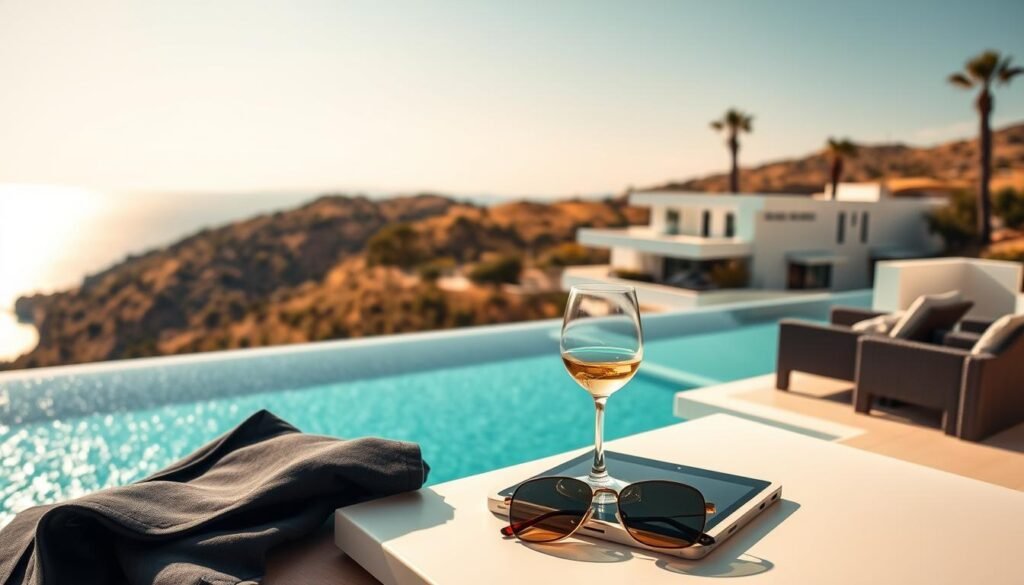 A serene, sun-drenched Mediterranean landscape, with a stylish businessperson relaxing on a sun-soaked terrace, gazing out at the sparkling azure waters of the Côte d'Azur. In the foreground, a perfectly composed scene of leisure - a glass of fine wine, a tablet, and a pair of designer sunglasses resting on a table, alongside a neatly folded suit jacket. The middle ground showcases a modern, yet cozy hotel or resort, its clean lines and elegant architecture blending seamlessly with the natural surroundings. In the background, rolling hills dotted with lush greenery and the iconic silhouettes of palm trees frame the serene coastal vista. The lighting is soft and golden, creating a warm, inviting atmosphere that embodies the essence of "bleisure" - the harmonious fusion of business and leisure.
