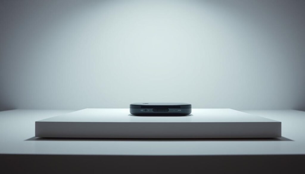 A sleek and modern product display in a minimalist studio setting. The product, a premium tech gadget, is showcased on a clean white surface, illuminated by soft, directional lighting that accentuates its elegant design. The background is a simple, muted color that allows the product to take center stage. The camera angle is slightly elevated, creating a sense of importance and authority, while the overall composition is balanced and visually appealing. The mood is one of sophistication, exclusivity, and the promise of an exceptional user experience.