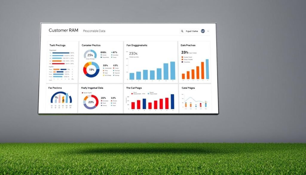A sleek and sophisticated data visualization dashboard hovers against a muted background, showcasing a collection of customer relationship management (CRM) metrics and insights. Elegant infographic elements intuitively convey personalized fan engagement data, with a focus on responsible data practices. The overall aesthetic is clean, modern, and visually compelling, drawing the viewer's attention to the pivotal role of CRM and personalization in enhancing the fan experience for a professional football club.