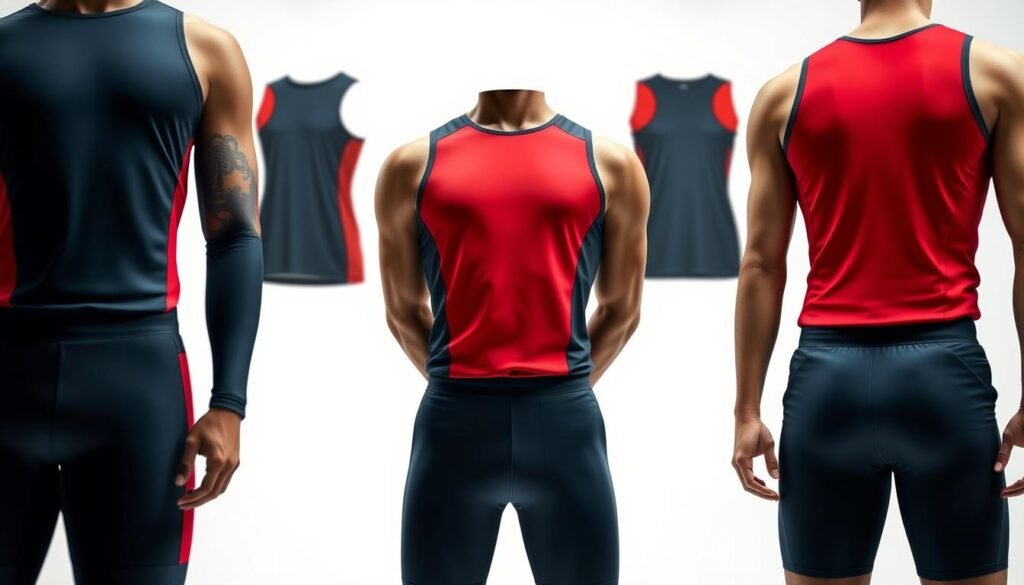 A sleek, high-quality sports uniform collection in a modern, minimalist style. The maillots feature clean, geometric shapes and lines, with a subtle palette of bold colors like navy, crimson, and slate grey. The uniforms are shown from multiple angles, capturing the expert tailoring and premium fabrics that convey a sense of athletic prowess and sophisticated branding. Bright, even lighting highlights the seamless construction and smooth textures, while a slightly low camera angle emphasizes the powerful silhouettes. An air of confidence and determination permeates the scene, suggesting the uniforms are designed to empower elite athletes to perform at their best.