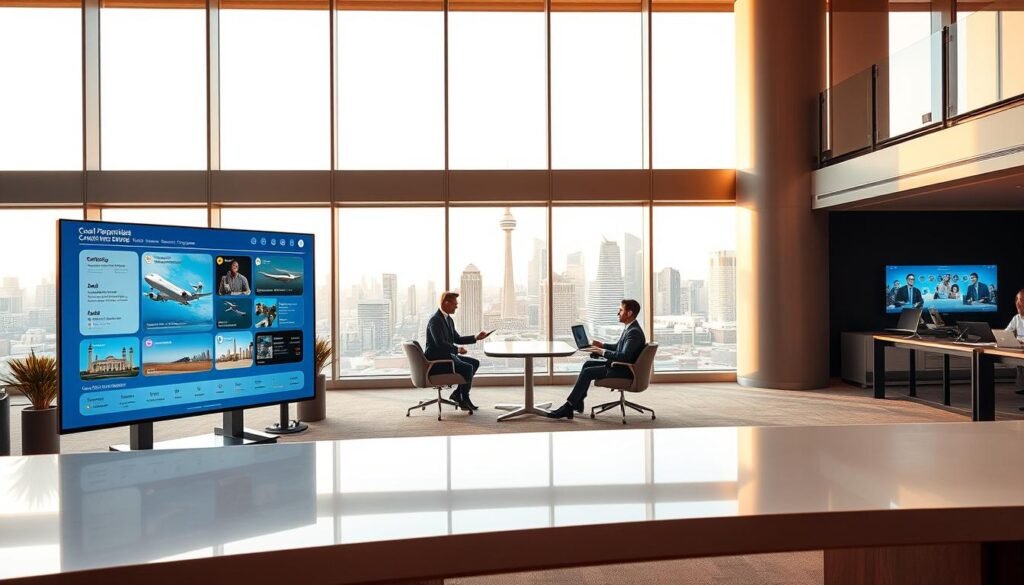 A sleek, modern office interior with an open-concept layout, featuring an array of cutting-edge technologies that elevate the customer experience. In the foreground, a large interactive display showcases personalized travel itineraries and recommendations, while in the middle ground, a group of business travelers collaborate seamlessly using virtual conferencing tools. In the background, a panoramic window offers a breathtaking city skyline, bathed in warm, golden lighting that creates a sense of sophistication and innovation. The scene conveys a forward-thinking, tech-savvy environment where the latest digital solutions seamlessly enhance the traveler's journey.