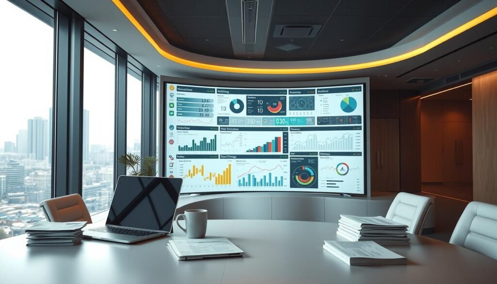 A sleek, modern office setting with a large, curved desk showcasing a detailed data visualization dashboard. The foreground features a laptop, coffee mug, and stacks of documents, conveying a sense of analytical focus. The middle ground shows a large, high-resolution screen displaying intricate charts, graphs, and analytics related to sports performance metrics. In the background, floor-to-ceiling windows offer a panoramic view of a bustling urban landscape, hinting at the broader strategic context. The lighting is a balanced mix of warm, indirect overhead lighting and the cool, natural daylight streaming in, creating an atmosphere of professionalism and productivity. The overall scene radiates a sense of data-driven decision-making and strategic optimization for a sports organization.