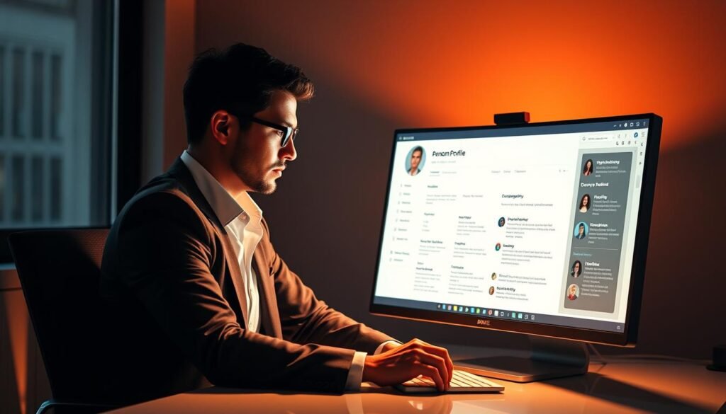 A sophisticated and poised professional sitting at a desk, focused intently on a large computer monitor displaying a detailed customer persona profile. The lighting is warm and directional, casting subtle shadows that add depth and dimension. The desk is neat and organized, with a sleek, minimalist design. The persona profile on the screen is detailed and comprehensive, with demographic information, psychographic data, and buyer journey insights. The person's expression is one of calm concentration, reflecting the importance of thoroughly understanding the target audience. The overall atmosphere conveys a sense of thoughtful analysis and strategic planning, perfectly aligned with the article's focus on "Identifying the target and building actionable personas for luxury and tech".