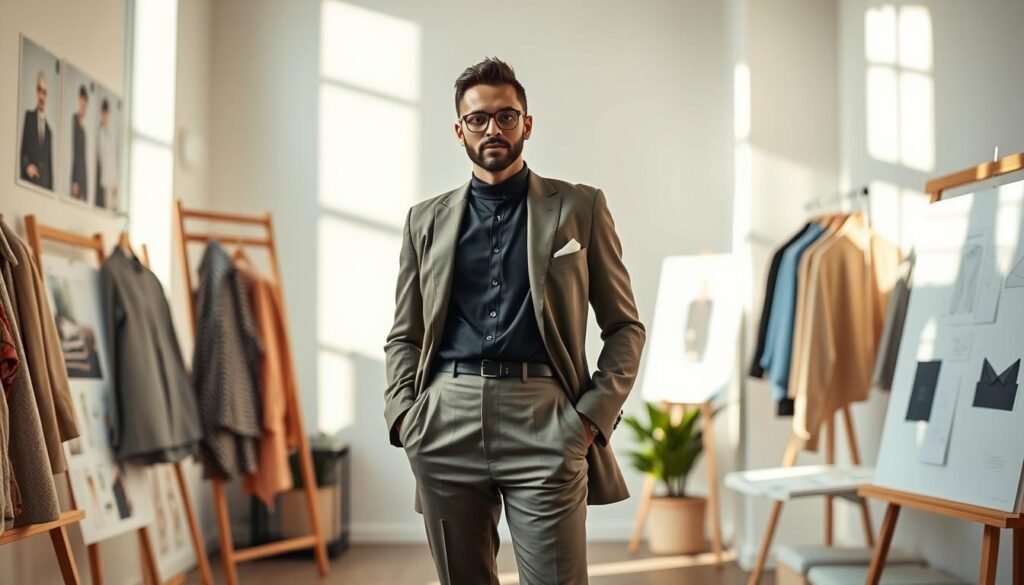 A sophisticated fashion designer standing confidently in a stylish studio, surrounded by mood boards, fabric swatches, and sketches. Warm, natural lighting casts a soft glow, highlighting their keen eye for detail and creative vision. The pose conveys authority and expertise, embodying the role of an artistic director guiding a high-end fashion brand. The background is minimalist, allowing the subject to take center stage and command attention, showcasing the importance of this pivotal creative position.