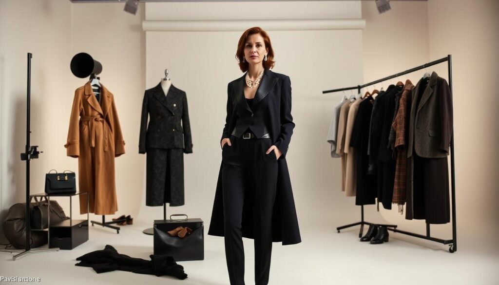 A sophisticated fashion director stands in a sleek, minimalist studio, curating an elegant array of luxury garments, accessories, and props. Soft, directional lighting accentuates the rich textures and refined silhouettes, creating a sense of refined opulence. In the background, a neutral, seamless backdrop allows the subject to be the focal point, showcasing their impeccable artistic vision and creative direction. The overall atmosphere conveys a high-end, editorial aesthetic, reflecting the section's theme of "Direction Artistique Luxe: piloter une stratégie créative et opérationnelle".