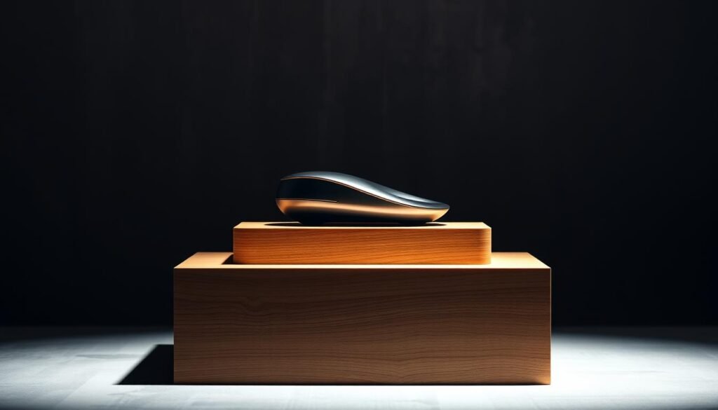 A sophisticated model of commercial strategy, featuring a sleek product display atop a minimalist wooden podium. Illuminated by soft, directional lighting that casts dramatic shadows, highlighting the elegant curves and metallic accents. The background blurs into an abstract, textured gradient, creating an air of professionalism and refinement. This image conveys the essence of a successful go-to-market approach - thoughtfully designed, strategically positioned, and radiating an aura of luxury and innovation.
