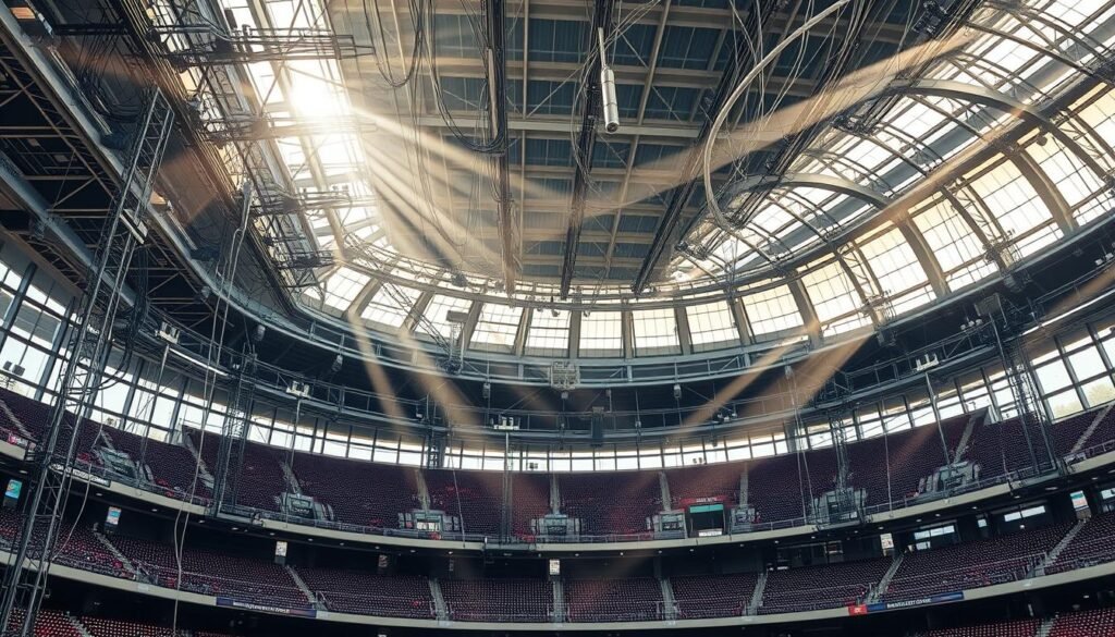 A sprawling network of sleek cables, conduits, and wireless antennas weaving through the structural framework of a modern stadium. The scene depicts the intricate technical foundations that power a truly connected sporting venue - robust Wi-Fi coverage, seamless mobile connectivity, and high-performance computing infrastructure. Rays of natural light filter through the stadium's glass facade, casting a warm, inviting glow over the complex web of data and telecommunications systems. The overall atmosphere conveys a sense of technological sophistication harmoniously integrated into the stadium's architectural design, ready to enhance the fan experience on game day.