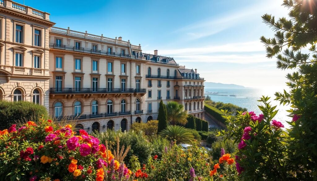 A stately and historic architecture stands proudly against a backdrop of azure skies and glistening Mediterranean waters. Ornate stone facades, arched windows, and ornamental balconies reflect the city's rich cultural heritage. In the foreground, a lush garden bursting with vibrant flowers and lush greenery adds a touch of natural beauty. Gentle sunlight filters through the scene, casting warm, golden hues and creating a sense of timelessness. The overall composition evokes a harmonious blend of the old and the new, capturing the essence of Nice's transformation from a winter resort to a thriving, modern destination on the Côte d'Azur.