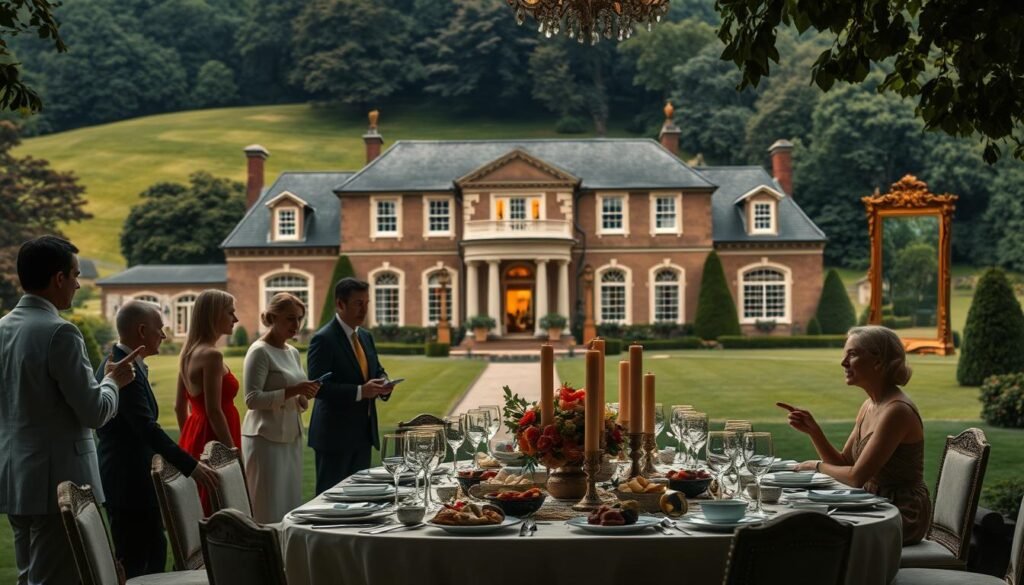 A stately, opulent manor house set against a lush, verdant landscape. In the foreground, a group of elegantly dressed individuals engage in lively conversation, their gestures and expressions conveying a sense of refined sociality. The middle ground features a lavish banquet table laden with fine china, crystal, and an abundance of delectable delicacies, hinting at the highbrow traditions of the elite. In the background, a series of ornate, gilded frames flicker with the warm glow of digital screens, symbolizing the seamless integration of classic luxury and modern digital engagement. The overall scene radiates an air of timeless sophistication, where the timeless and the cutting-edge coexist in perfect harmony.